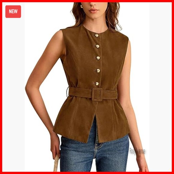 Suede Vest with Belt Slim Fit Crew Neck Sleeveless Size Medium